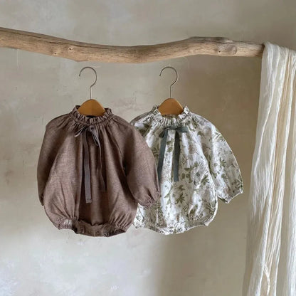 長袖ロンパース ベビーロンパース 長袖スタンドフリルカラーボディスーツ リボン リーフボタニカルプリント/無地