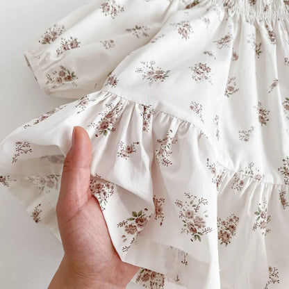 長袖ワンピース キッズワンピース 長袖パフスリーブドレス フラワー小花柄プリント ホワイト