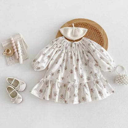 長袖ワンピース キッズワンピース 長袖パフスリーブドレス フラワー小花柄プリント ホワイト