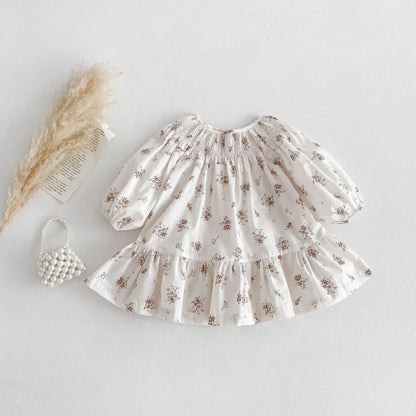 長袖ワンピース キッズワンピース 長袖パフスリーブドレス フラワー小花柄プリント ホワイト