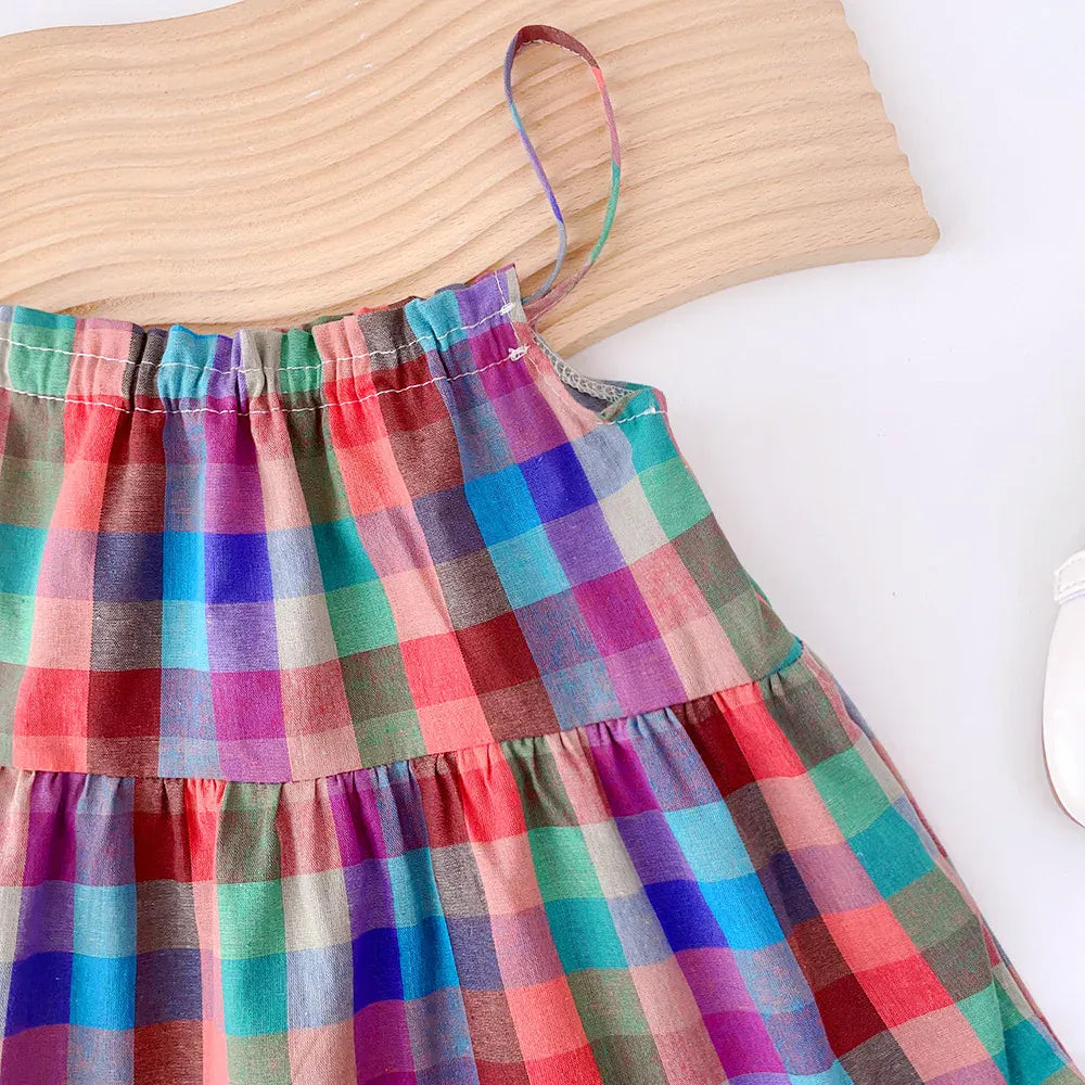 ノースリーブワンピース ☺︎キッズワンピース キャミソールフリルワンピース カラフルマドラスチェック