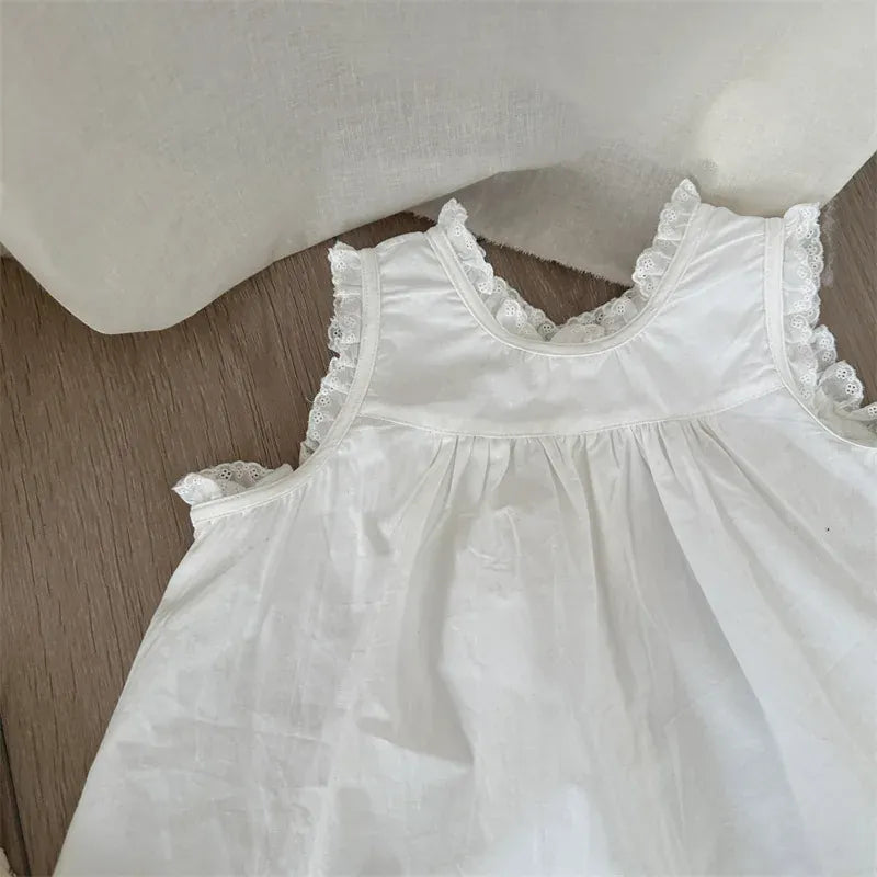 ノースリーブワンピース キッズワンピース ノースリーブ レース縁取り シンプルワンピ ホワイト