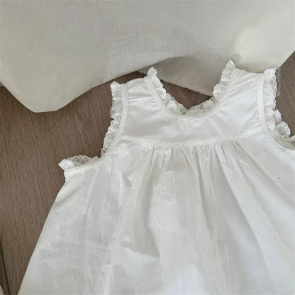 ノースリーブワンピース キッズワンピース ノースリーブ レース縁取り シンプルワンピ ホワイト