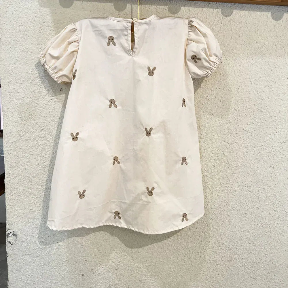 半袖ワンピース キッズワンピース 半袖パフスリーブ うさぎバニー刺繍 ベージュ
