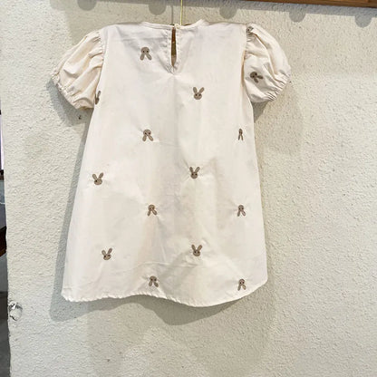 半袖ワンピース キッズワンピース 半袖パフスリーブ うさぎバニー刺繍 ベージュ
