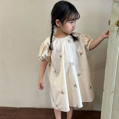 半袖ワンピース キッズワンピース 半袖パフスリーブ うさぎバニー刺繍 ベージュ