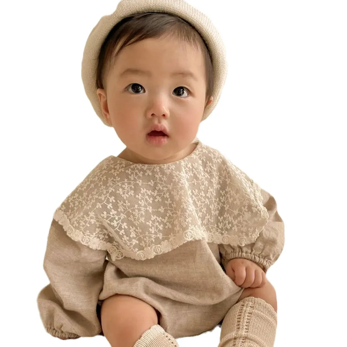 長袖ロンパース ベビーロンパース ビッグレース襟 ラペル ショール 長袖ボディスーツ