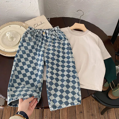 デニムパンツ キッズパンツ デニムパンツ ジーンズ ダイヤチェック ルーズワイドストレート ジーパン