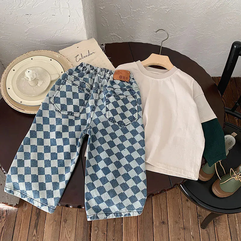 デニムパンツ キッズパンツ デニムパンツ ジーンズ ダイヤチェック ルーズワイドストレート ジーパン
