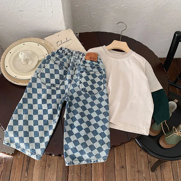 デニムパンツ キッズパンツ デニムパンツ ジーンズ ダイヤチェック ルーズワイドストレート ジーパン
