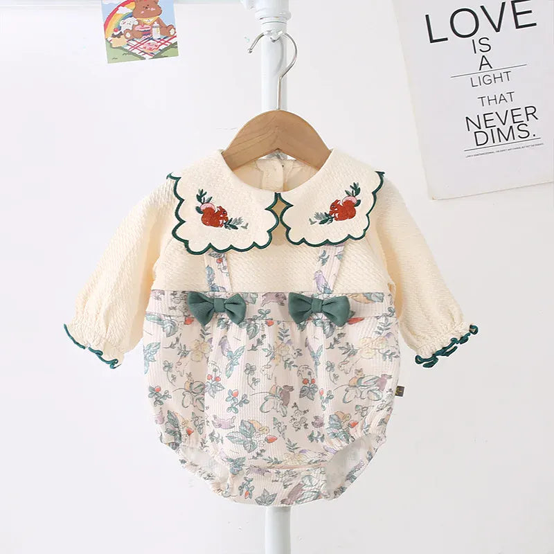 長袖ロンパース ベビーロンパース 長袖ボディスーツ リボン 刺繍 ドッキング