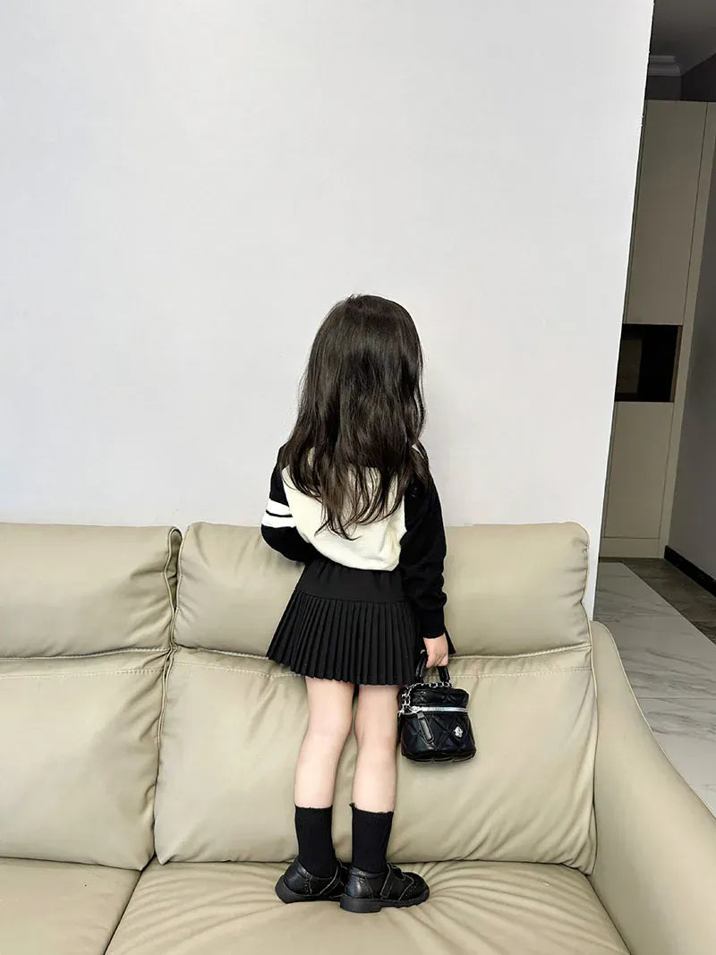 スカート キッズトップス プリーツスカート ニット 長袖ポロシャツ ミニスカート スクールファッション