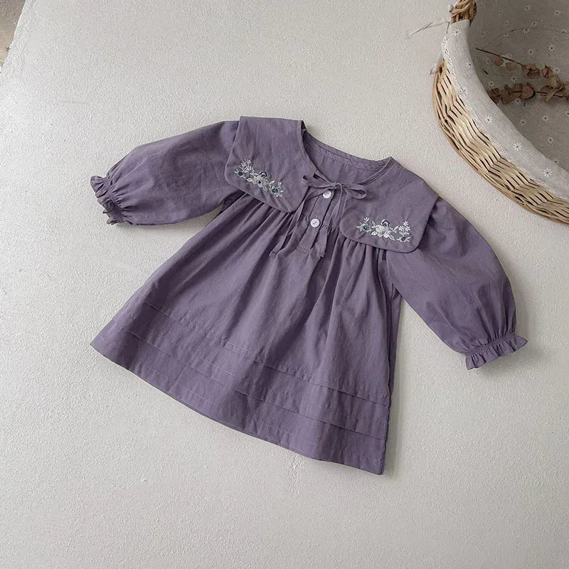 長袖ワンピース ベビーワンピース 長袖パフスリーブワンピース フラワー花柄刺繍ビッグつけ襟 パープル