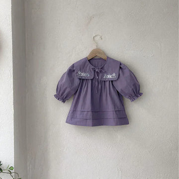 長袖ワンピース ベビーワンピース 長袖パフスリーブワンピース フラワー花柄刺繍ビッグつけ襟 パープル