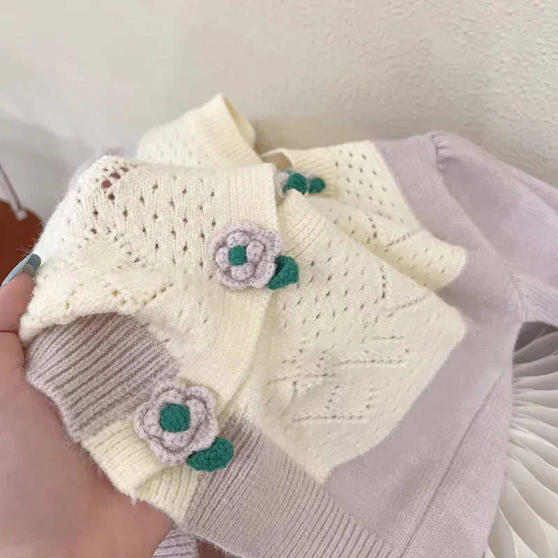 ニット・セーター キッズトップス ニットフレアパンツ フラワー花柄刺繍ニットカーディガンセーター