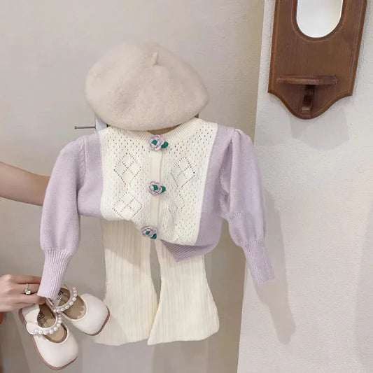 ニット・セーター キッズトップス ニットフレアパンツ フラワー花柄刺繍ニットカーディガンセーター