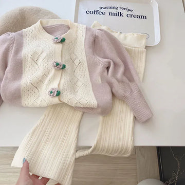 ニット・セーター キッズトップス ニットフレアパンツ フラワー花柄刺繍ニットカーディガンセーター