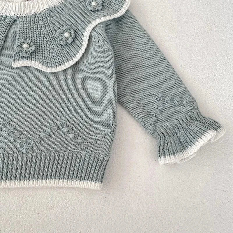 ニット・セーター ベビートップス ニットフリルセーター フラワー刺繍 ブルー