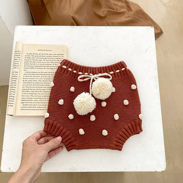ブルマパンツ ベビーパンツ ニットブルマパンツ ぽんぽん 水玉ドット刺繍 ショートパンツ レッド