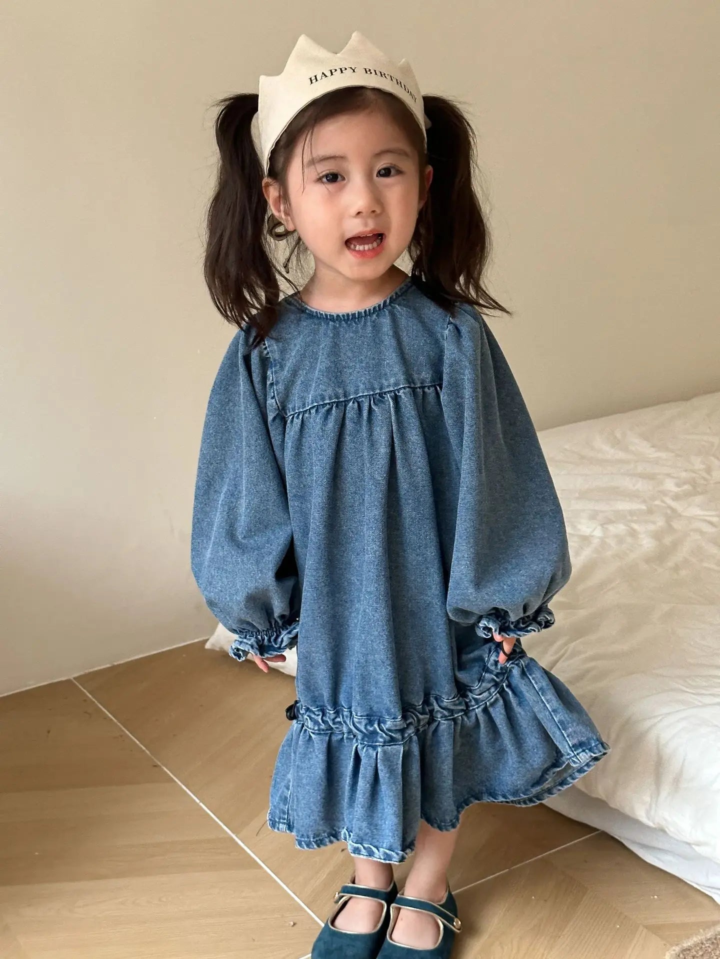 長袖ワンピース キッズワンピース デニム 長袖バルーンスリーブワンピース
