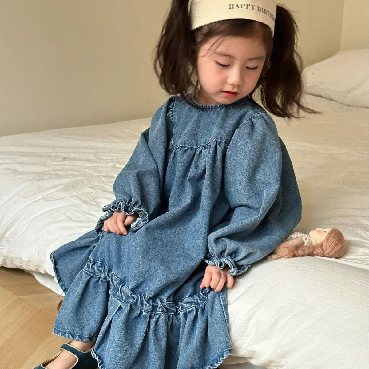 長袖ワンピース キッズワンピース デニム 長袖バルーンスリーブワンピース