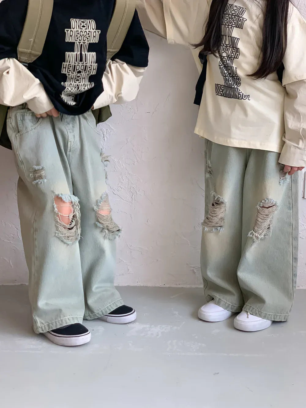 デニムパンツ キッズパンツ ダメージデニム ワイドルーズジーンズ ジーパン