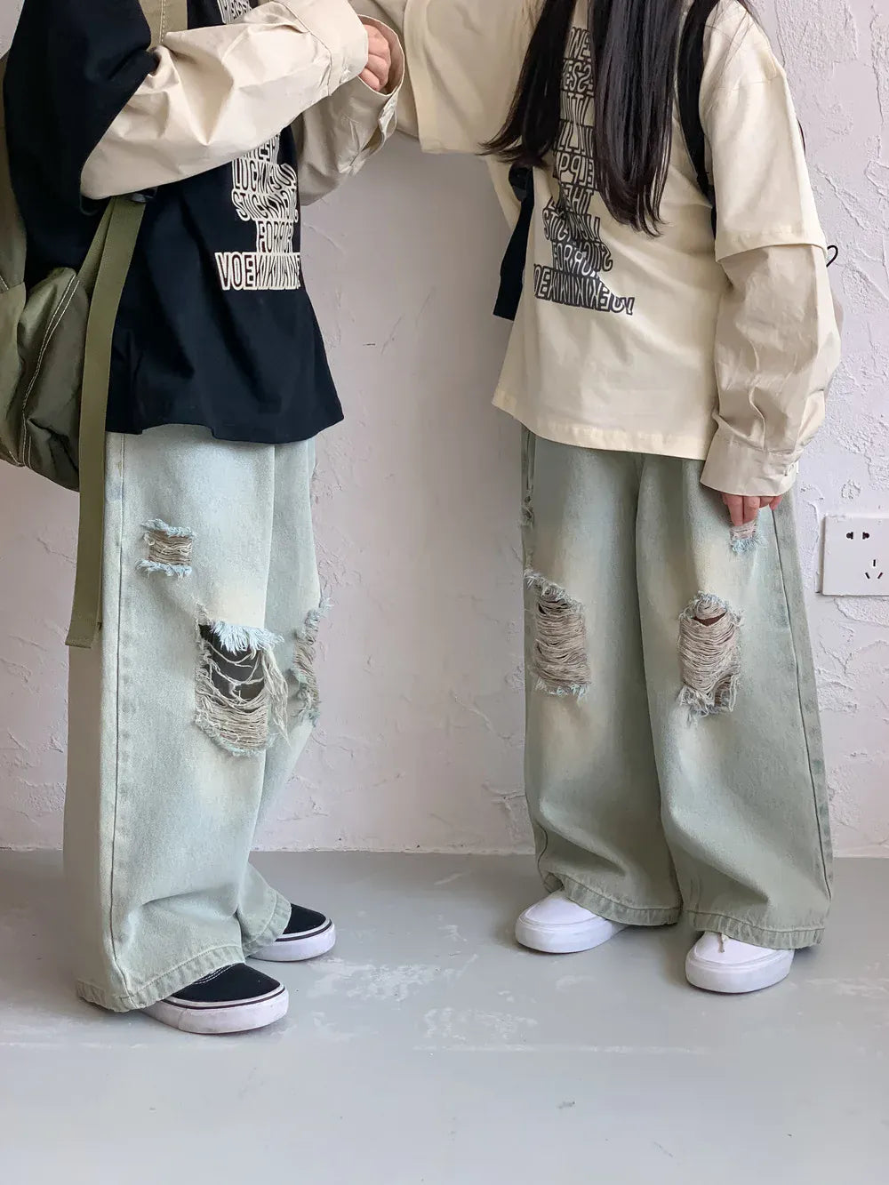 デニムパンツ キッズパンツ ダメージデニム ワイドルーズジーンズ ジーパン