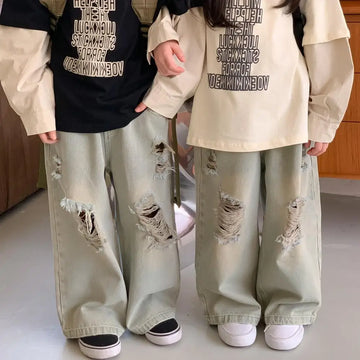 デニムパンツ キッズパンツ ダメージデニム ワイドルーズジーンズ ジーパン
