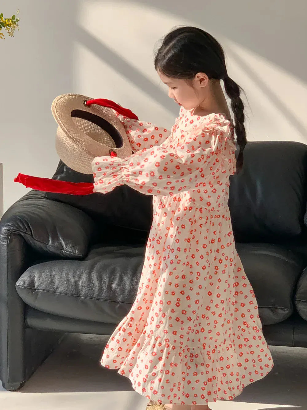 長袖ワンピース キッズワンピース 長袖ワンピース フラワー花柄プリント フリル