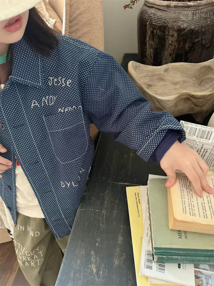 長袖シャツ・ブラウス キッズトップス シャツジャケット 長袖オーバーシャツ レターロゴ刺繍 水玉ドットプリント ブルー