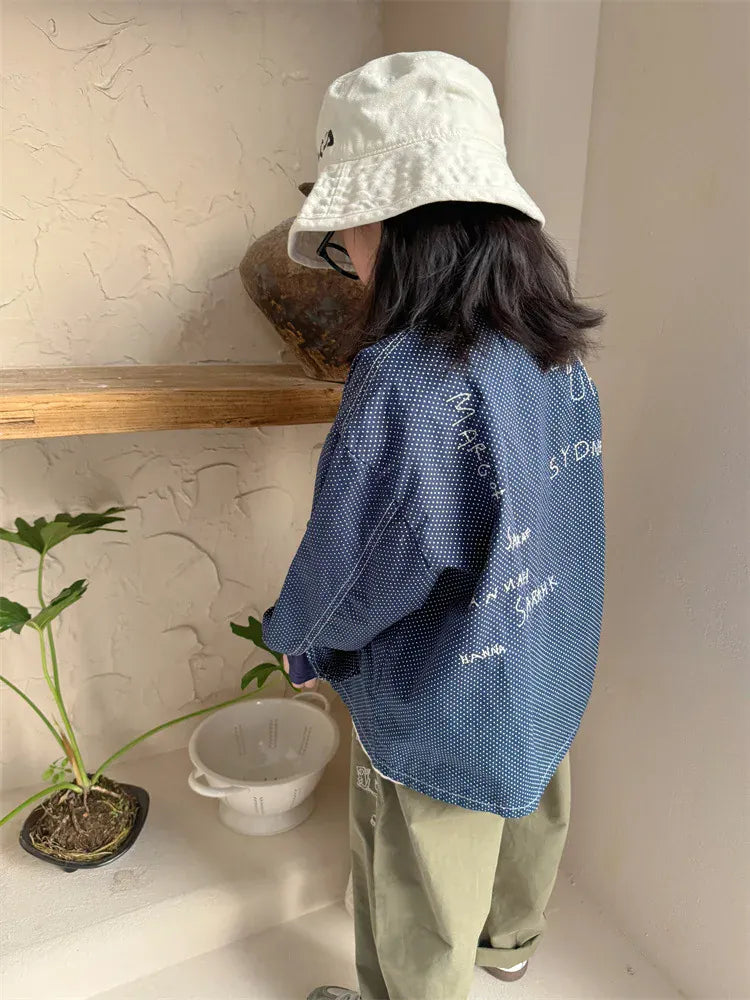 長袖シャツ・ブラウス キッズトップス シャツジャケット 長袖オーバーシャツ レターロゴ刺繍 水玉ドットプリント ブルー