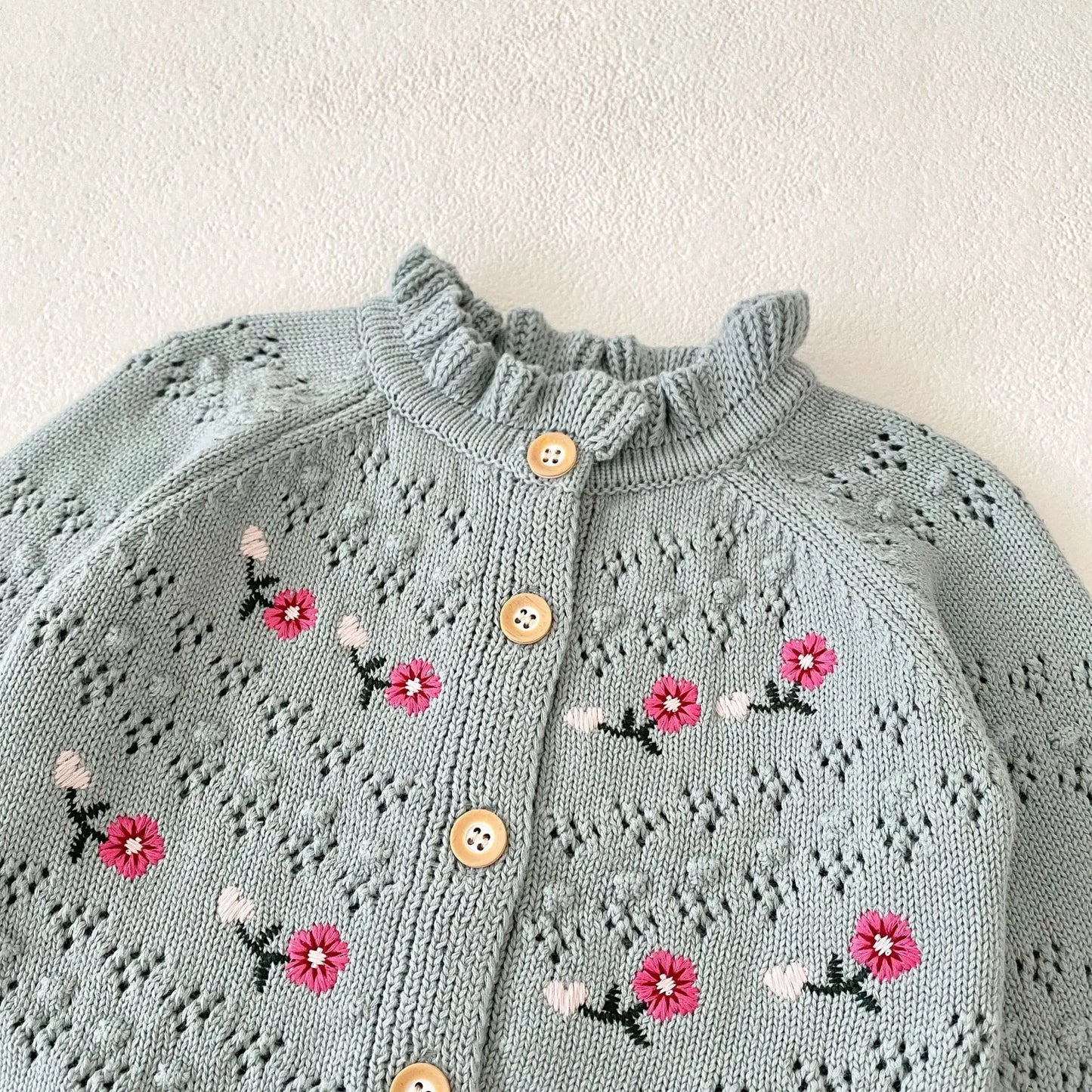 カーディガン・パーカー ベビーカーディガン ニット フラワー花柄刺繍 ジャケット スカイブルー