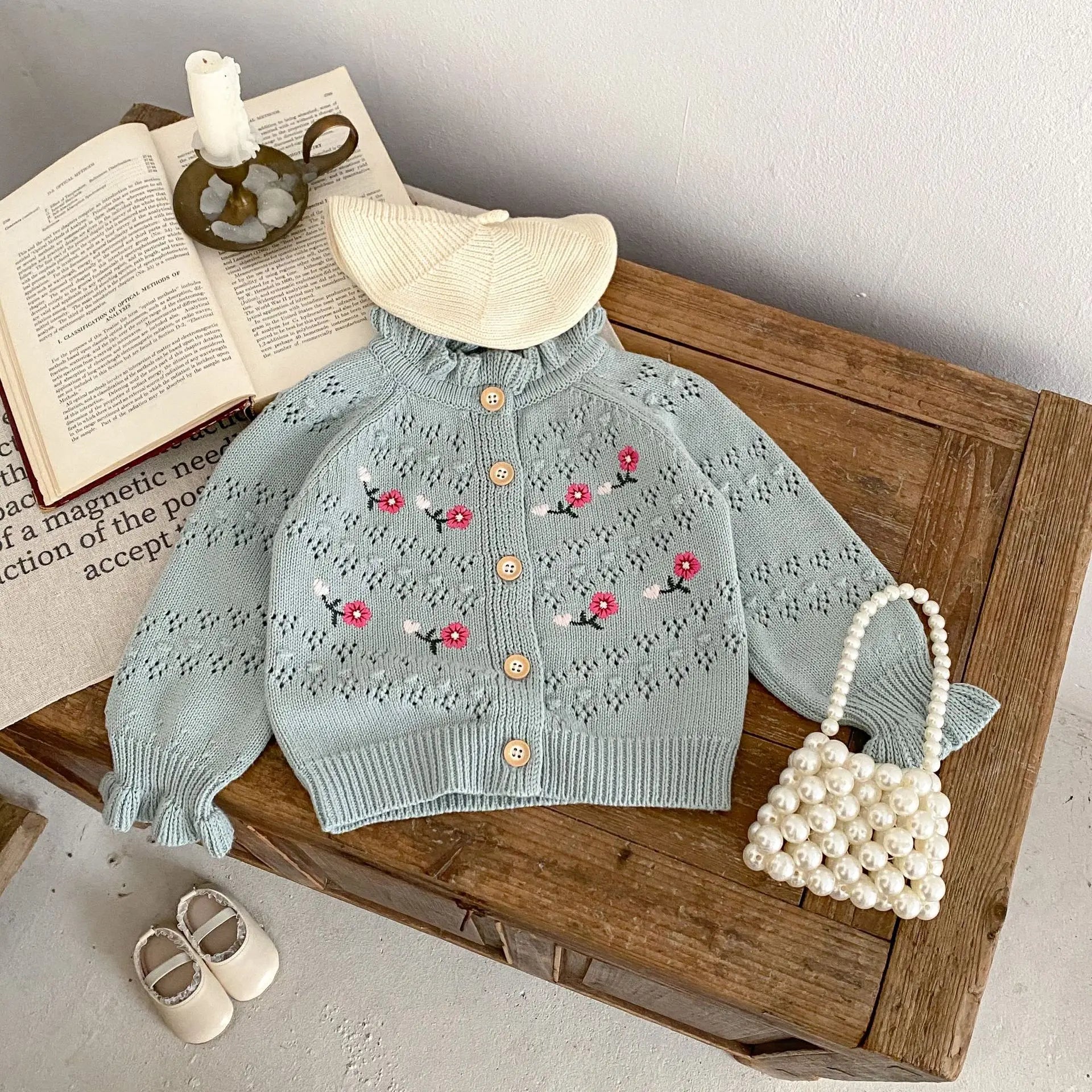 カーディガン・パーカー ベビーカーディガン ニット フラワー花柄刺繍 ジャケット スカイブルー