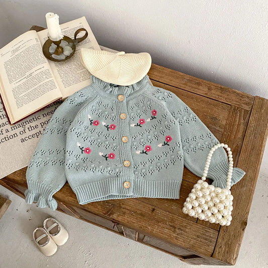 カーディガン・パーカー ベビーカーディガン ニット フラワー花柄刺繍 ジャケット スカイブルー