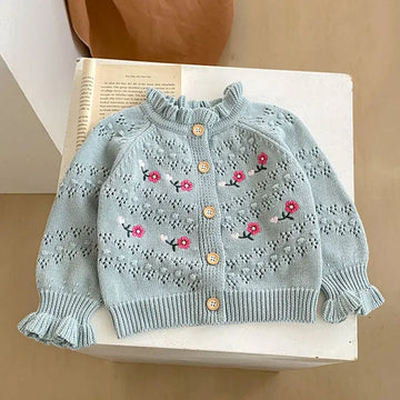 カーディガン・パーカー ベビーカーディガン ニット フラワー花柄刺繍 ジャケット スカイブルー