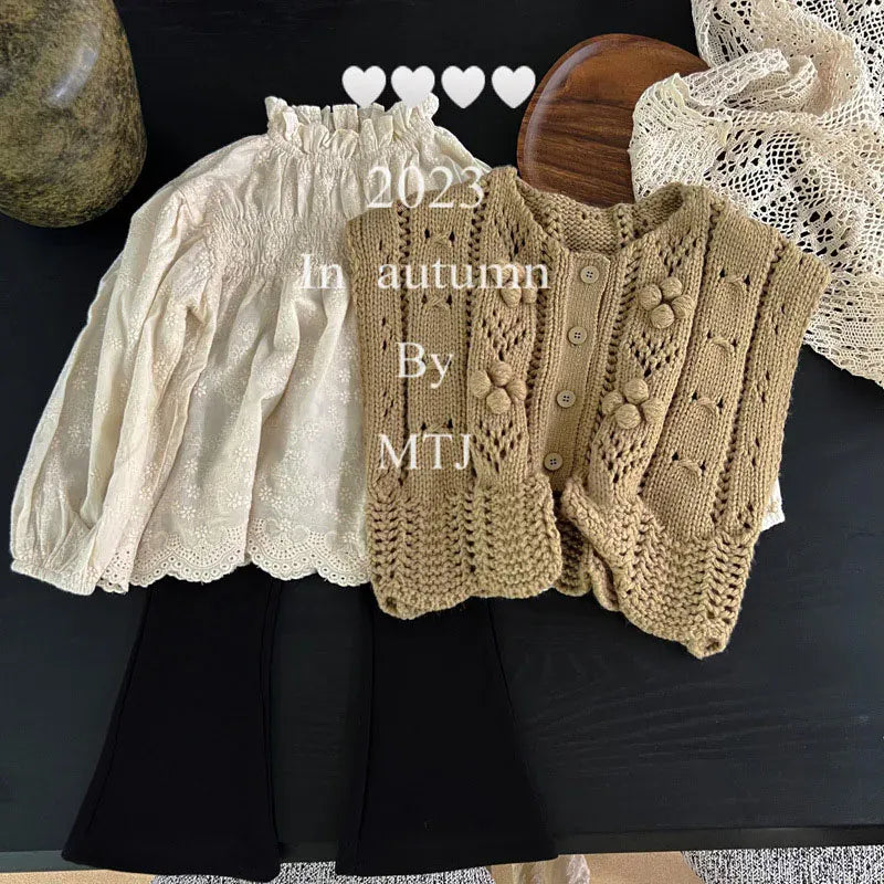 ベスト キッズベスト フレアパンツ レースニットショートベスト ニットロングパンツ