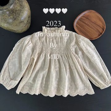 長袖シャツ・ブラウス キッズトップス 長袖ブラウス 刺繍レース シャーリング ドレスシャツ ベージュ