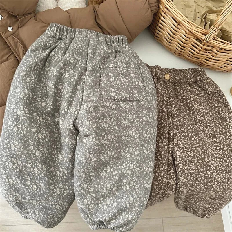 ロングパンツ・スウェットパンツ キッズパンツ フラワー花柄プリント 厚手ロングパンツ コーヒー グレー