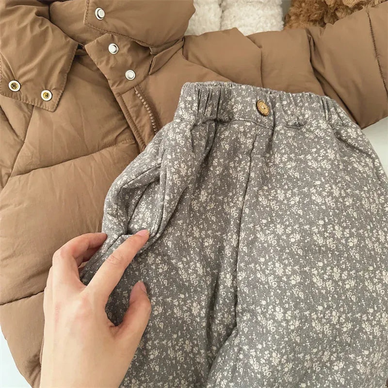 ロングパンツ・スウェットパンツ キッズパンツ フラワー花柄プリント 厚手ロングパンツ コーヒー グレー