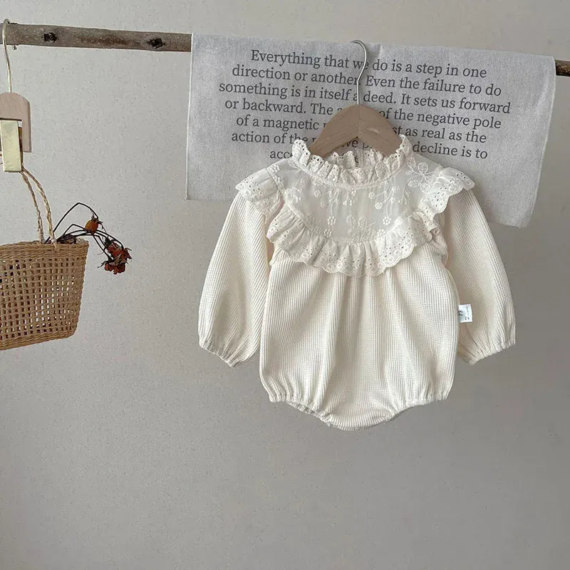 長袖ロンパース ベビーロンパース ワッフル 長袖ロンパース レーススタンドカラー フリル刺繍レース お出かけ