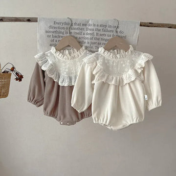 長袖ロンパース ベビーロンパース ワッフル 長袖ロンパース レーススタンドカラー フリル刺繍レース お出かけ