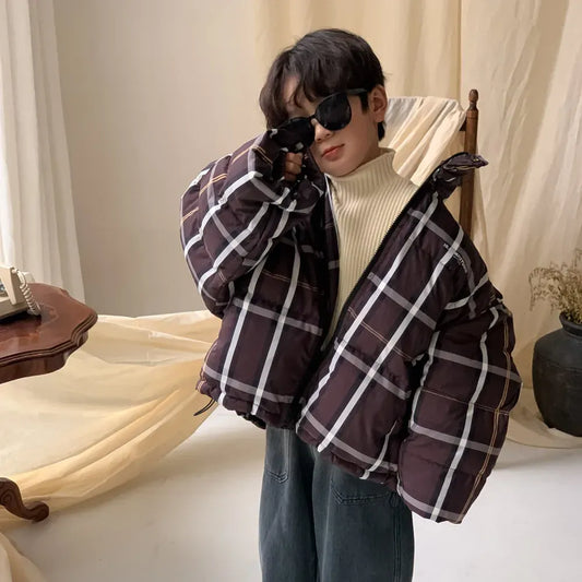 ショートコート・ジャケット・ジャンパー キッズアウター チェックダウンジャケット ルーズコート ボーイズ 男の子 子供服