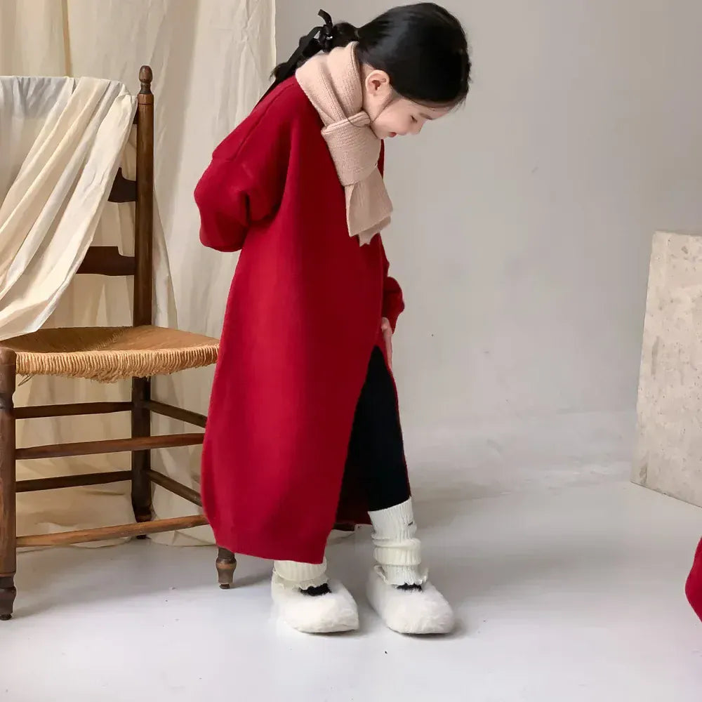 ニット・セーター キッズセータートップス ニット長袖ワンピース レッド リンクコーデ 兄弟 姉妹 お揃いコーデ ユニセックス 男の子 女の子 子供服