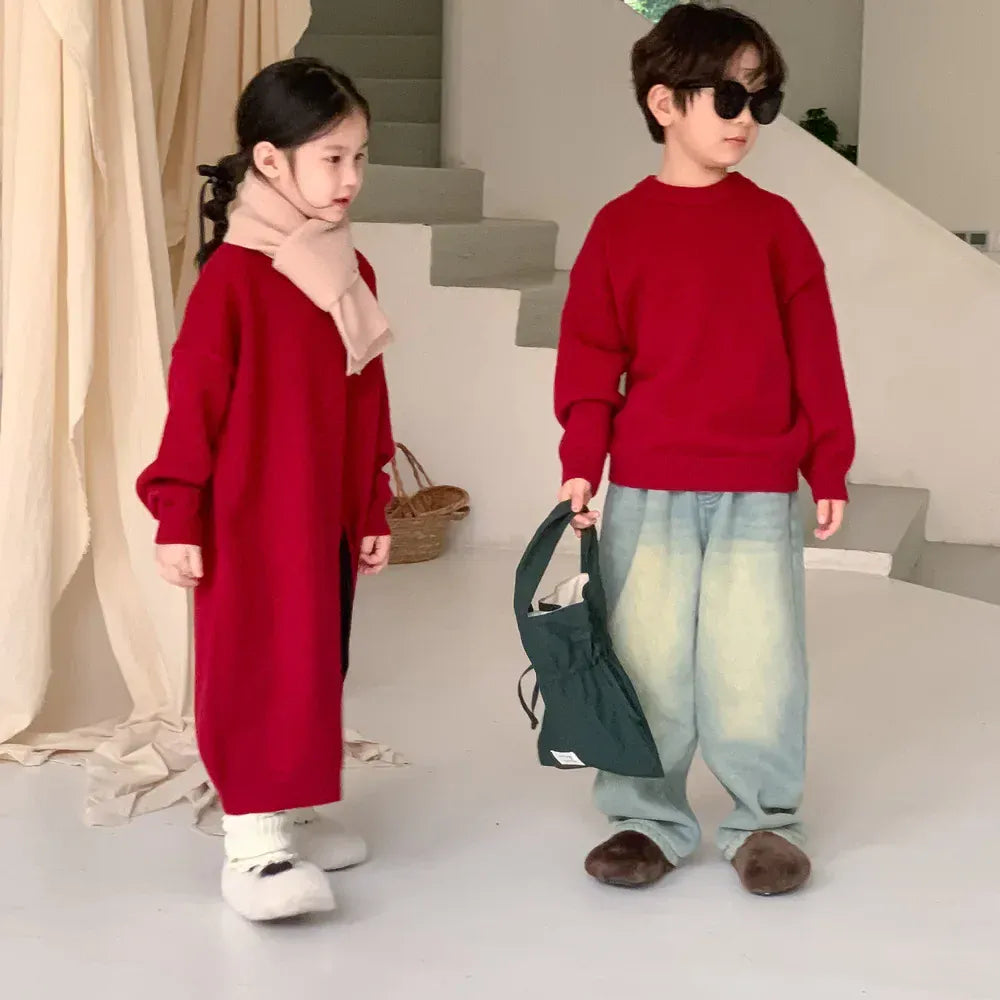 ニット・セーター キッズセータートップス ニット長袖ワンピース レッド リンクコーデ 兄弟 姉妹 お揃いコーデ ユニセックス 男の子 女の子 子供服