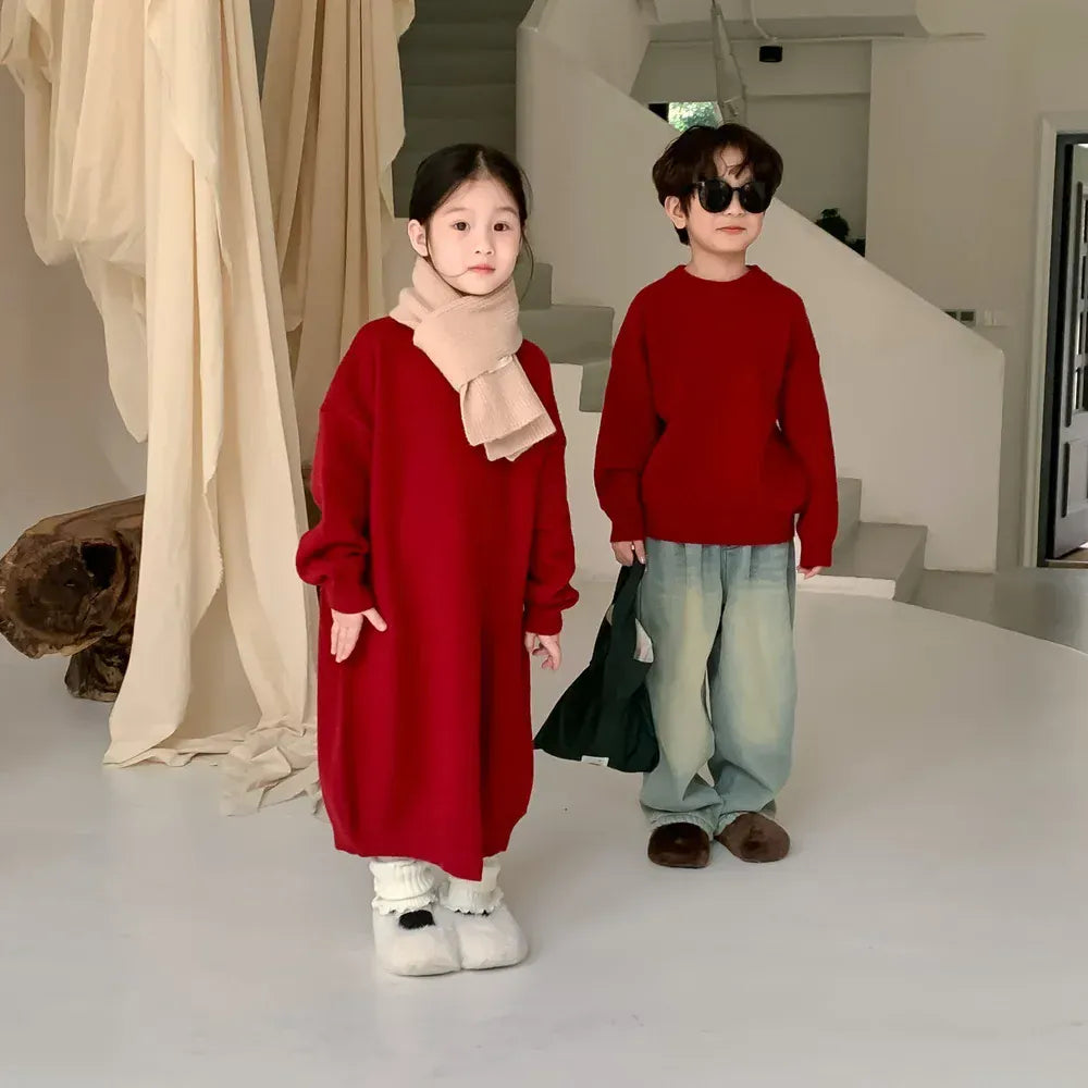 ニット・セーター キッズセータートップス ニット長袖ワンピース レッド リンクコーデ 兄弟 姉妹 お揃いコーデ ユニセックス 男の子 女の子 子供服