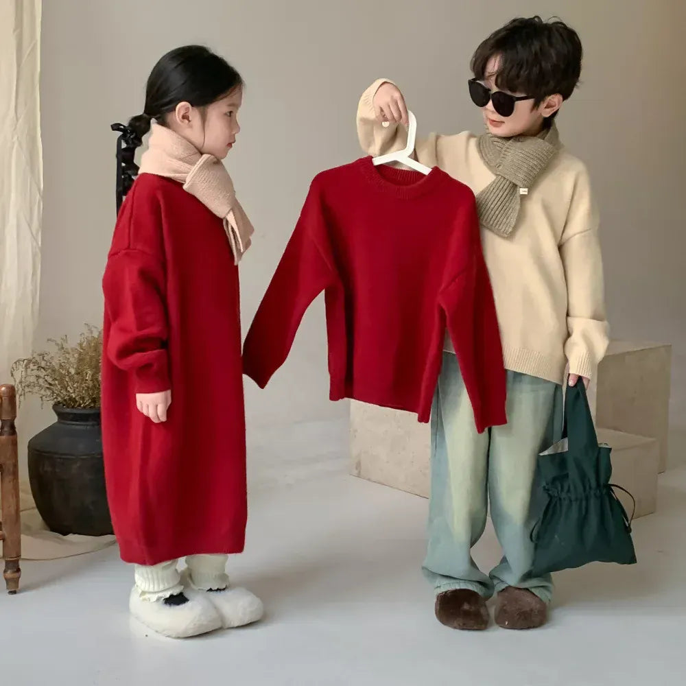 ニット・セーター キッズセータートップス ニット長袖ワンピース レッド リンクコーデ 兄弟 姉妹 お揃いコーデ ユニセックス 男の子 女の子 子供服