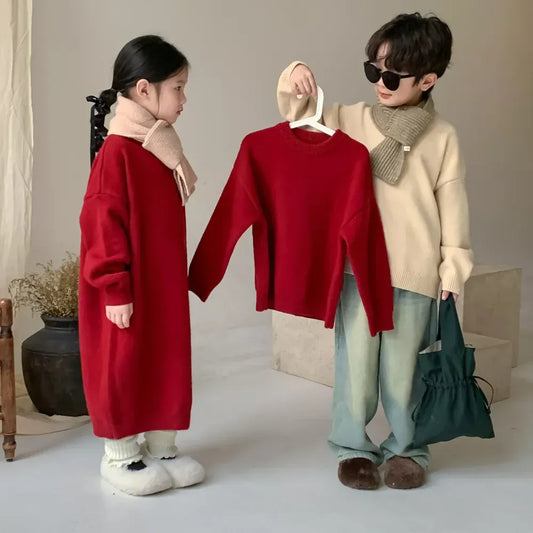 ニット・セーター キッズセータートップス ニット長袖ワンピース レッド リンクコーデ 兄弟 姉妹 お揃いコーデ ユニセックス 男の子 女の子 子供服