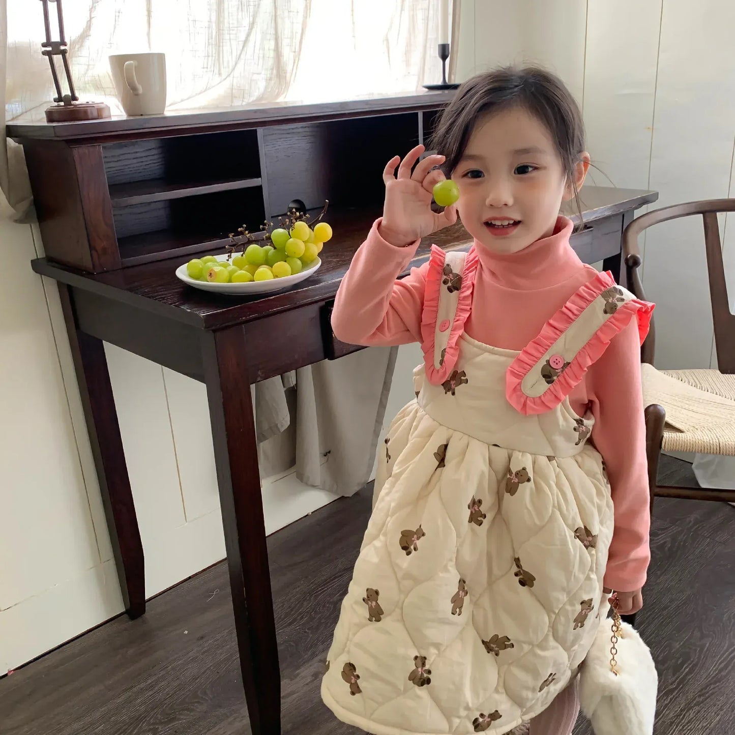 ノースリーブワンピース キッズワンピース キルティングサスペンダーワンピース くまベアプリント フリル ガールズ 女の子 子供服