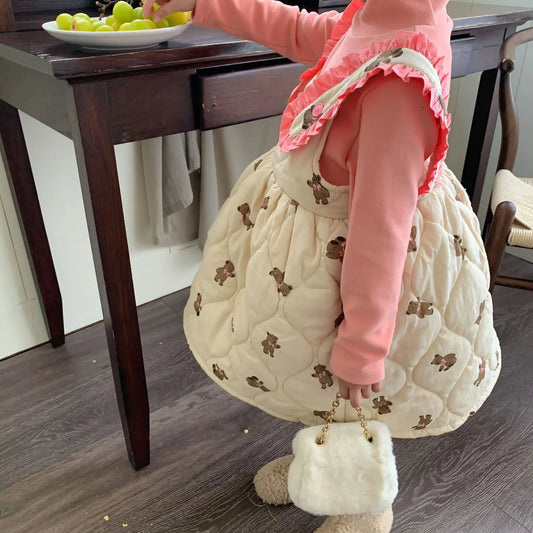ノースリーブワンピース キッズワンピース キルティングサスペンダーワンピース くまベアプリント フリル ガールズ 女の子 子供服