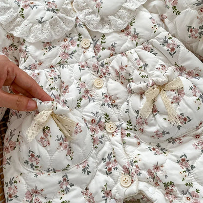 アウタージャンプスーツ ベビーアウタージャンプスーツ キルティングロンパース フラワープリント フリルカラー ガールズ 女の子 子供服